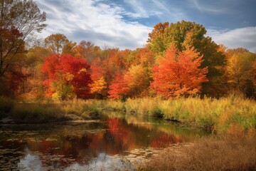 Fototapeta premium a peaceful river flowing through a lush landscape with tall grass and trees
