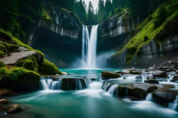 Foto op Canvas most beautiful water falling from top of mountain with forest © Pretty Panda