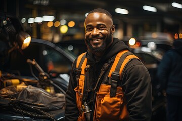 Fototapeta na wymiar Experienced car mechanic of African-American origin fixes a broken down car