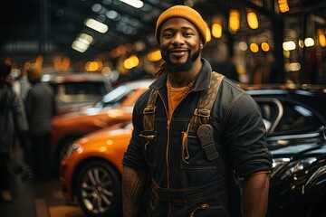 Obraz premium Experienced car mechanic of African-American origin fixes a broken down car