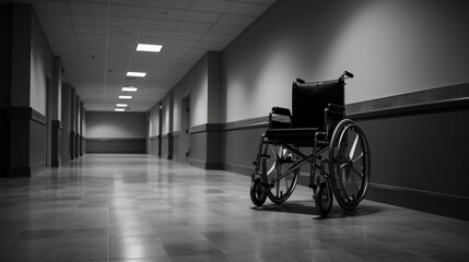 Black and white photo_ of wheelchair in an empty hall