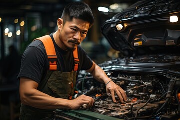 Asian car mechanic skillfully repairing a damaged car