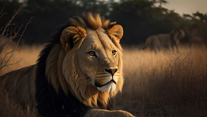 Obraz premium Young lion resting, close up, animals and wildlife