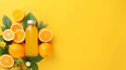 Fotobehang Flat lay composition with bottles of delicious juices and fresh ingredients on orange background generative ia © Chingiz