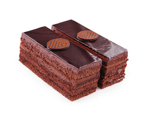 Close up of two pieces of chocolate cake isolated