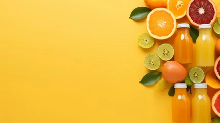 Poster Flat lay composition with bottles of delicious juices and fresh ingredients on orange background generative ia © Chingiz