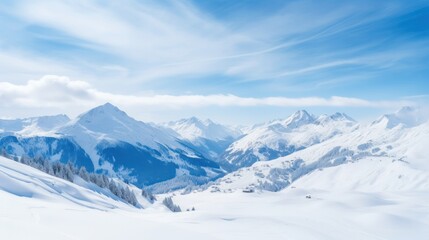Fototapeta na wymiar Landscape in Zillertal Arena ski resort in clouds in Tyrol at Mayrhofen in Austria in winter Alps. Alpine mountains with white snow and blue sky. Downhill peaks at Austrian snowy slopes. 