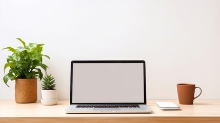 Fototapeta premium Laptop with blank screen on white table with mouse and smartphone. Home interior or office background generative ai