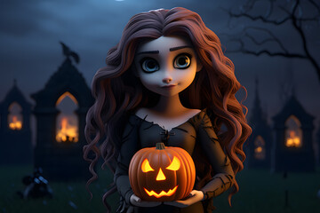 beautiful girl wearing a halloween witch costume holding a pumpkin