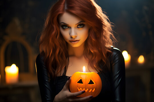 beautiful flirty model goth girl holding a glowing halloween