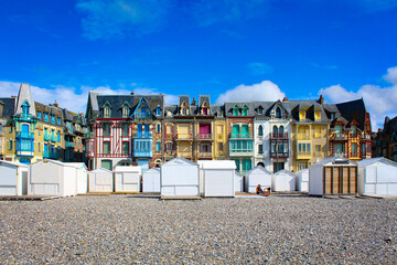 Famous facades on the seaside of Mers-les-Bains, limit of Hauts-de-France and Normandy. France