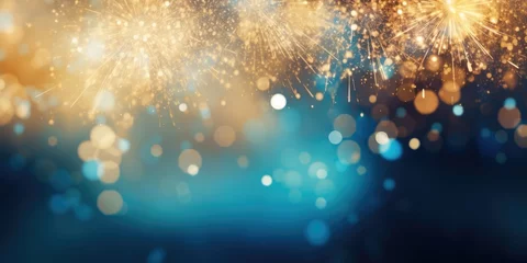 Fotobehang Abstract background new year, Blue and gold fireworks and celebrating holiday, copy space, generative ai © OP38Studio