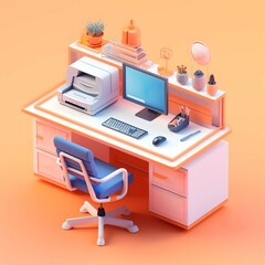 3d Isometric layout of a school desk, chair and desk with computer