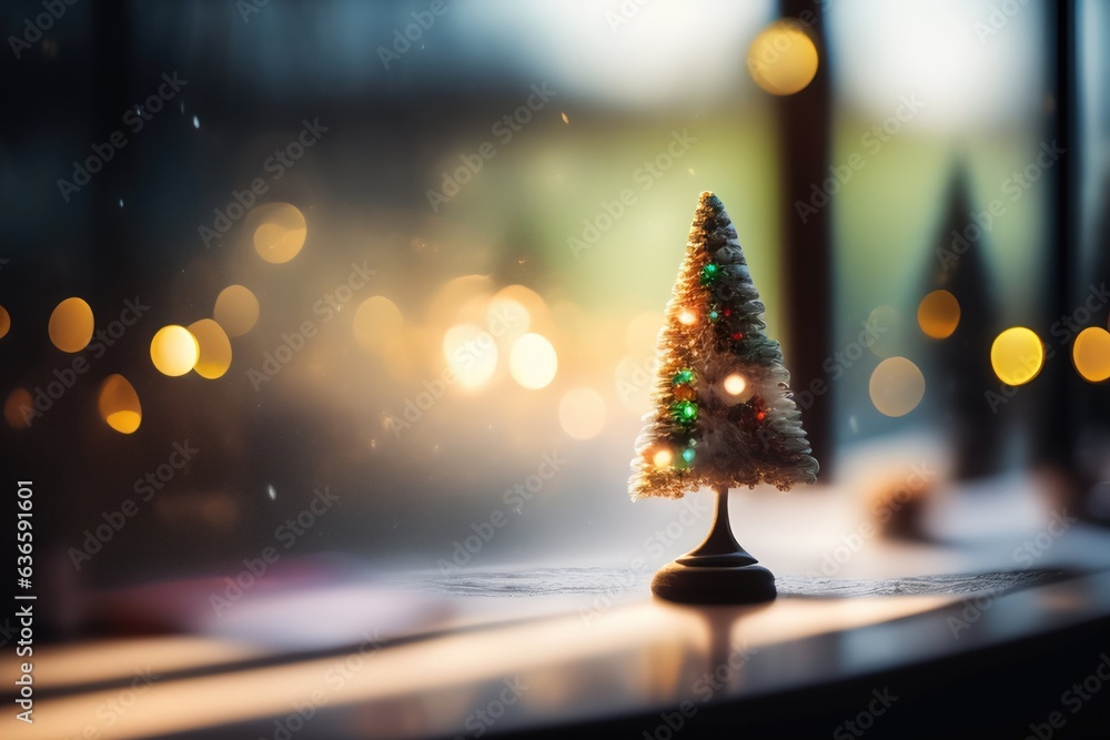 Poster miniature christmas tree with beautiful bokeh of christmas lights. ai generated.
