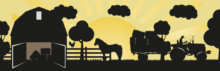 Naklejka premium Agricultural landscape with tractor, barn and farm. Farm silhouettes against the background of the sun.