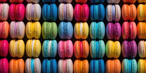 Colorful macaron or macaroon on black background from above, vintage card,  generative ai - obrazy, fototapety, plakaty
