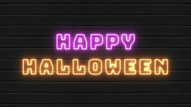 Glowing neon line of happy halloween  isolated on brick wall background, 4k animation