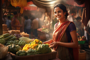 Indian woman purchasing vegetables at local vegetable market.