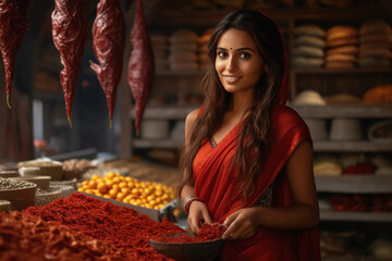 Fototapeta na wymiar Indian woman selling vegetable at local vegetable market