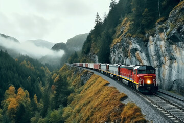 Old freight train running through a mountain valley