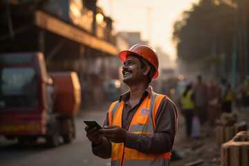 Indian engineer using smartphone at workplace