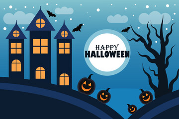 Happy Halloween background with haunted house, pumpkins and bats. bats around at full moon. concept and banner for halloween. Vector Illustration with the inscription - happy halloween