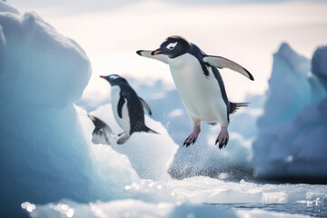 Fototapeta premium Adelie penguins jumping out of of the water in front of the ice edge