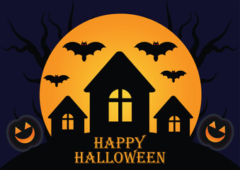 Happy Halloween background with haunted house and pumpkins. Holiday concept. Template for background, banner, card, poster with text inscription. Vector illustration.