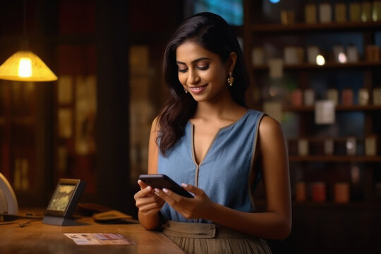Indian woman using smartphone. online shopping and digital payment concept.