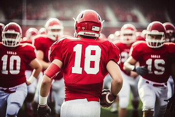 Teenage boy high school football team running onto the field before a game, pumped up and ready to play