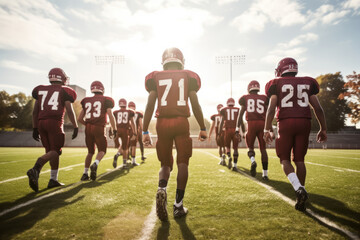 Teenage boy high school football team running onto the field before a game, pumped up and ready to play - obrazy, fototapety, plakaty