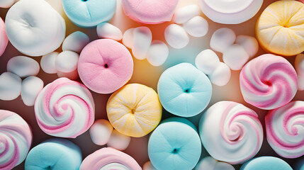 Fototapeta premium Marshmallows background. Texture of colorful mini marshmallows. Generative AI