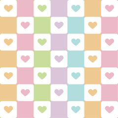 pastel seamless pattern with hearts on a checkered background.