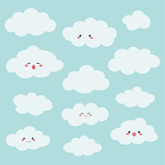 Kawaii Cute smiling cloud on Blue background. vector illustration.
