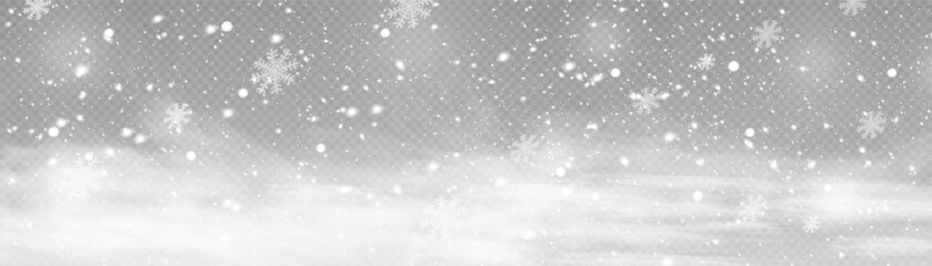 Falling snow with snowflakes and clouds. Mector illustration. Light, dust, winter, blizzard, christmas, vector. The effect of a frosty storm, snowfall, ice. Falling snow effect with snowflakes