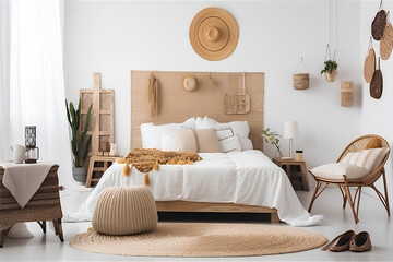 Boho style bedroom interior with modern bed. Generative AI content