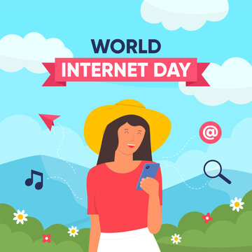 Woman using Smartphone Illustration Concept. World Internet Day Celebration for Social Media Post or Banner