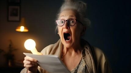 An elderly mature woman senior screams and gets angry because of the increase in utility bills for light. Negative emotion facial expression. Financial crisis bad news.