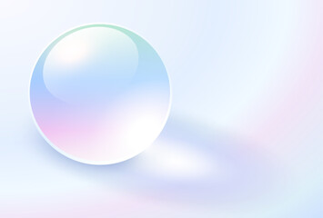 Background with glass transparent sphere, iridescence pearl shimmering with colors.