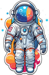 An astronaut in a space suit, colorful funny flat vector illustration for sticker.