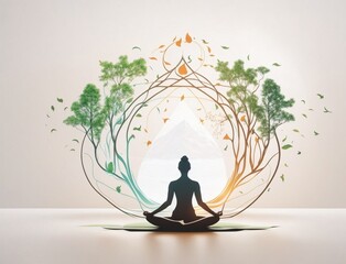 international yoga day concept : girl meditating with tree and with different color lines - obrazy, fototapety, plakaty