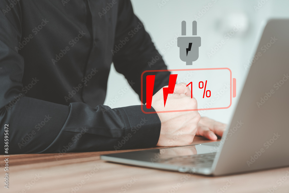Aufkleber Man is angry and frustrated when he learns that his laptop computer's battery is dead and did not bring the charger adapter. Concept of Technology and daily life of freelance. No power battery.