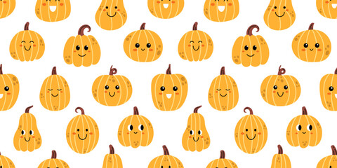 Vector autumn seamless pattern with cute pumpkins. Yellow smiling and laughing pumpkins on white background. Thanksgiving or Halloween seamless pattern with cute pumpkins. Fall print in flat design.