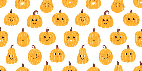 Fototapeta premium Vector autumn seamless pattern with cute pumpkins. Yellow smiling and laughing pumpkins on white background. Thanksgiving or Halloween seamless pattern with cute pumpkins. Fall print in flat design.
