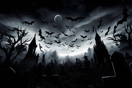 Creepy bats flying over a moonlit graveyard