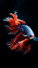 Obraz premium betta fish, fish fighters, ios background style, siamese fish fighting isolated on black background, betta splendens isolated beautiful tail, 