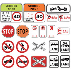 Road signs collection vector. Traffic signs. School Zone, No Stopping, No Parking, No Stopping at times, No Parking at Times, Clearway, Clearway at times, Hand Held Stop Sign... Cartoon style.