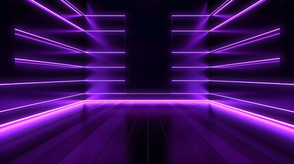 Fototapeta premium 3D Render of a Room with Glowing Dark Purple Neon Lines. Abstract Background