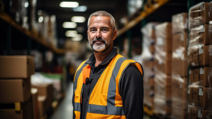 Corporate photo of a worker in a warehouse. Generative AI