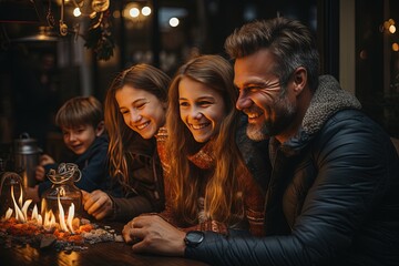 Fototapeta premium Family bliss in winter - parents and children find solace and happiness around the fireplace's comforting embrace